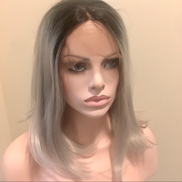Ombre Black & Silver Bob Lace Front Wig - Picture 6 of 16